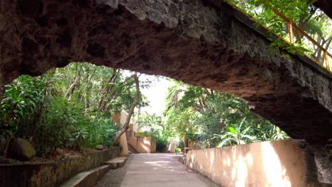 descending view of a rustic stone bridge and pathway in parque chapultepec