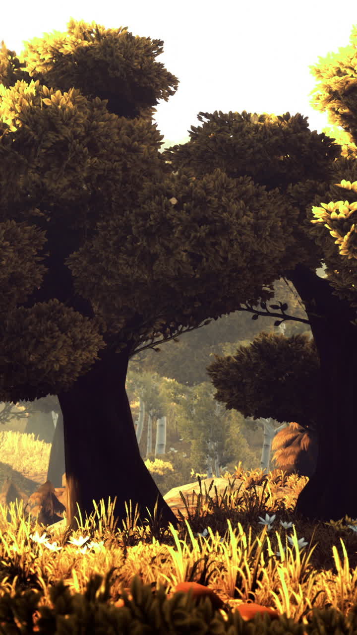 Golden sunlight filters through lush trees in a serene forest landscape