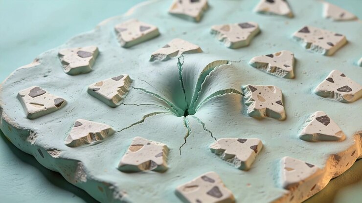 Light teal clay disc with cream triangles cracking as center sinking into hole, AI-generated