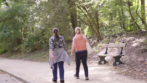 rear view of two middle aged women wearing comfortable clothes walking in the park and having a chat