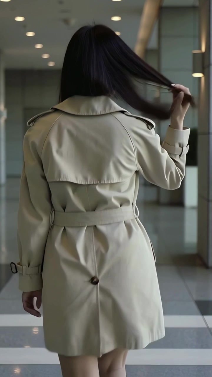 Vertical video: Clip starting with walking woman in beige trench coat adjusting hair in lobby