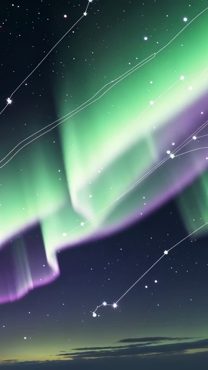 Vertical video: Emerging aurora borealis streaming green purple bands above horizon with grid