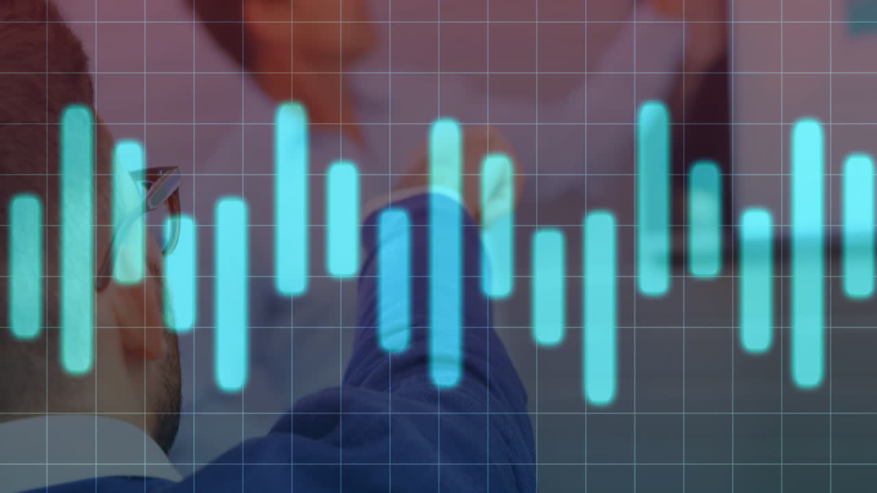 Analyzing financial graph, business professional in office with animation on screen