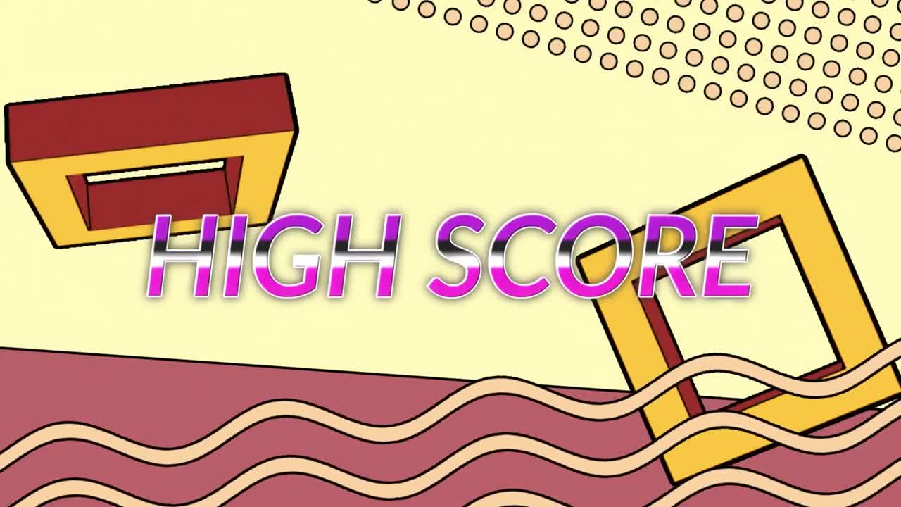 animación de texto de alta puntuación sobre un patrón retro abstracto.