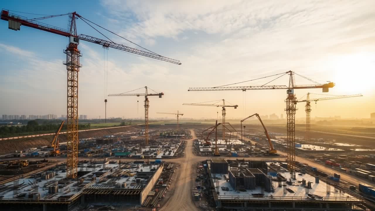 Aerial View of a Modern Construction Site Featuring Multiple Cranes and Scaffoldings at Sunrise to Sunset Transition, Highlighting Progress in Urban Development