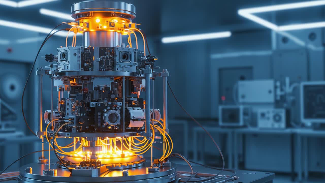 A stunning glimpse into advanced quantum computing technology showcasing a sophisticated quantum processor core, illuminated with vibrant lights and intricate circuitry in a futuristic laboratory setting