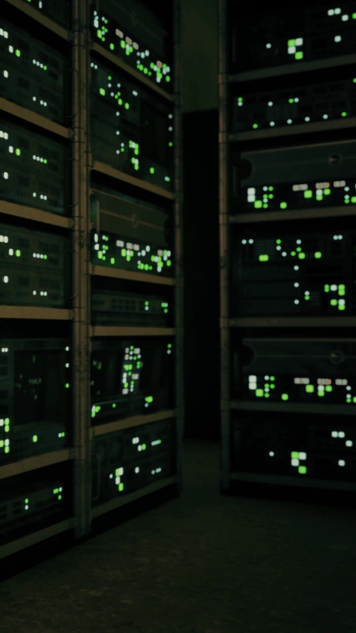 Glowing servers illuminate the darkened data center at night
