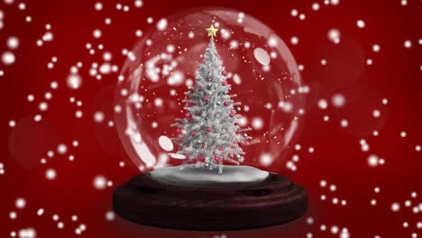 Shooting-star-around-christmas-tree-in-a-snow-globe-over-white-spots-falling-against-red-background