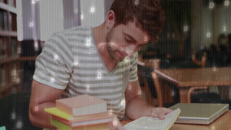 reading book, man with binary code animation overlay in background