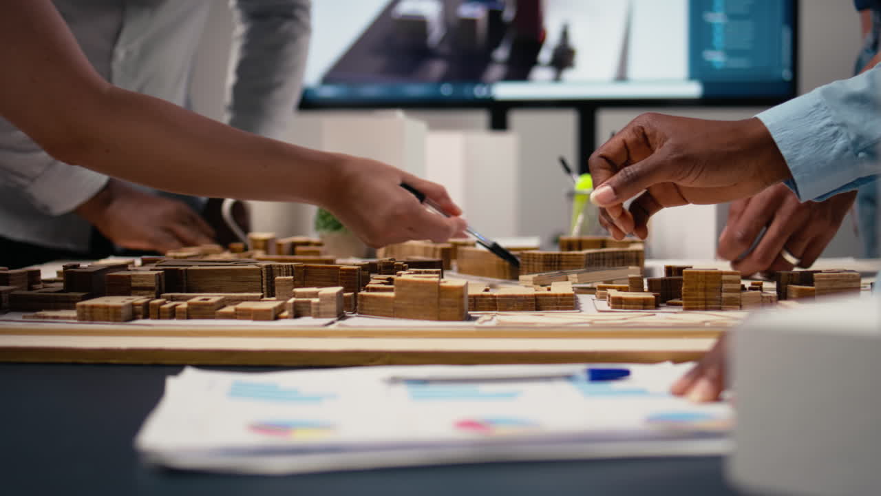 Close up of contractors arranging layout for a housing master plan