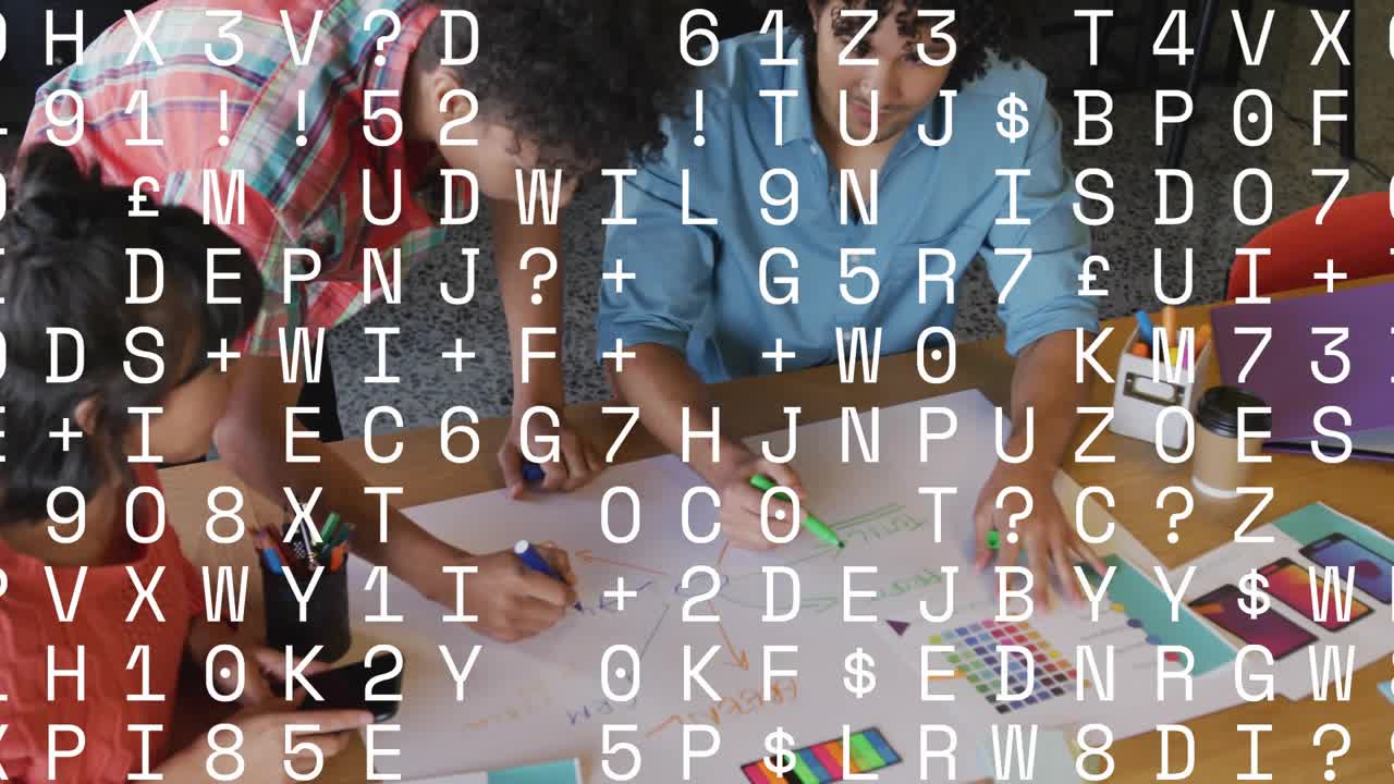 Colleagues gathering around table picking green marker and sketching shapes for design brainstorm