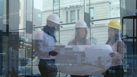 animation of cityscape over architects with plans talking in modern office