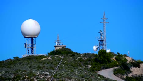 a meteorological radar with a large white sphere on top of a mountain