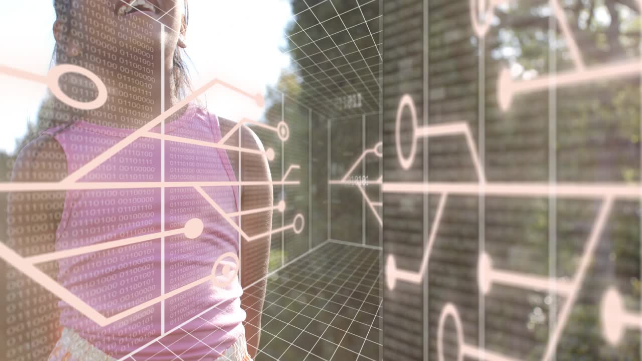 Girl in pink top wearing sunglasses tilting while circuit overlays sweeping over face for tech demo