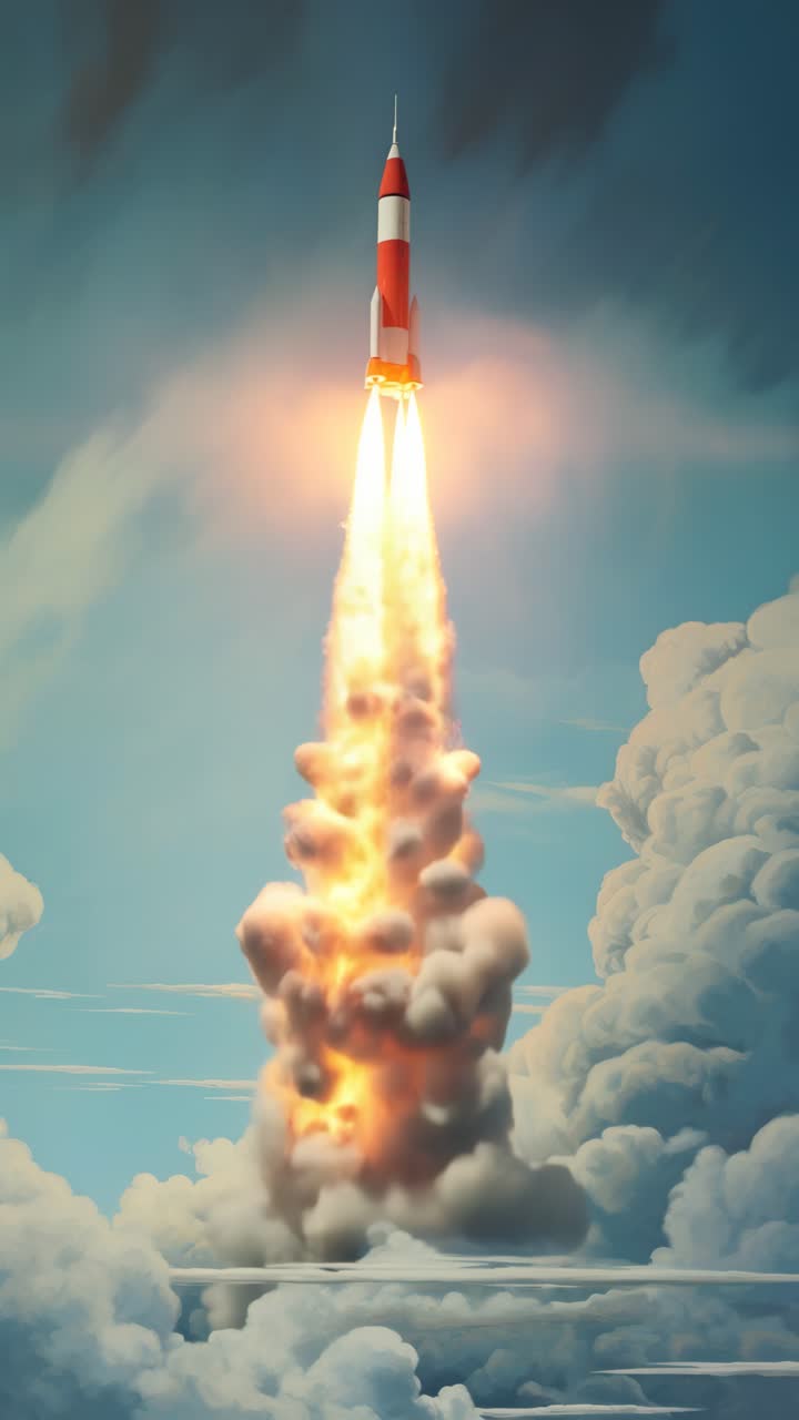 A vintage-style rocket launch viewed from below, ascending through clouds