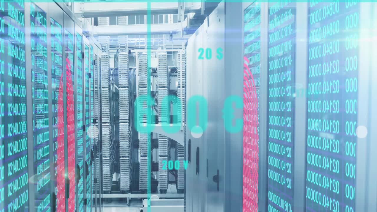 Server racks projecting green code, grid sliding, bars growing teal, lines trending for analytics