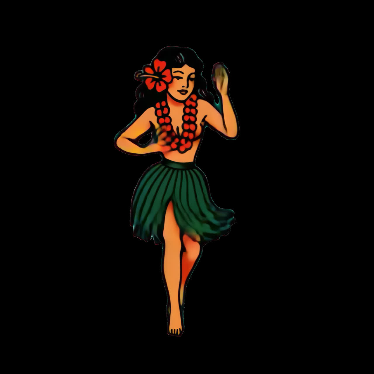 Vintage Hawaiian hula dancer illustration animation isolated asset, transparent 4K video, alpha