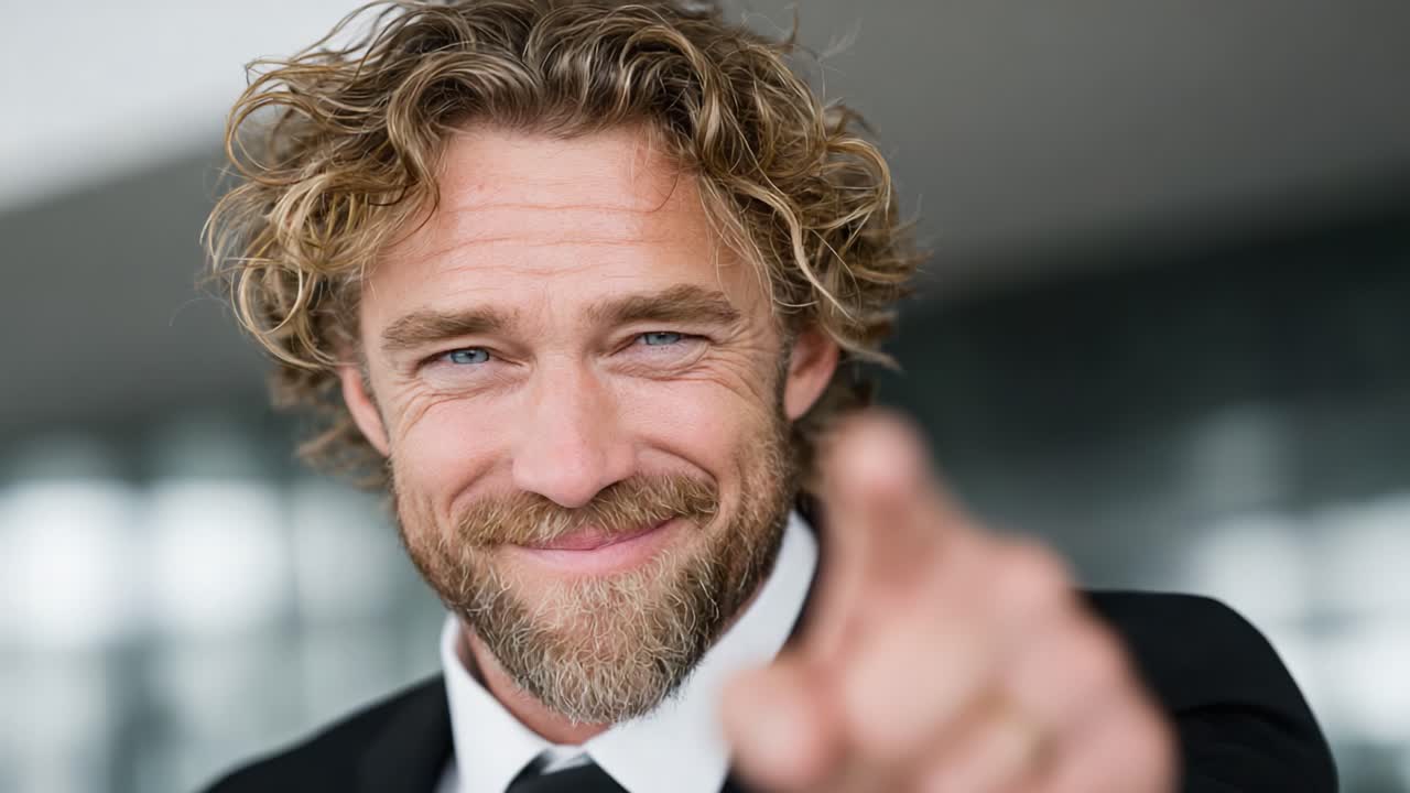Confident Man Engaging with the Camera: A Study in Charisma and Personality as He Points with a Friendly Smile, Capturing the Essence of Charismatic Communication