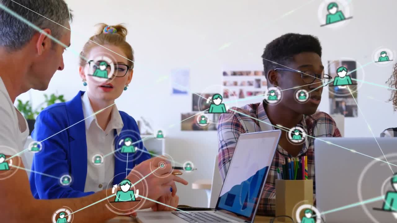 Animation of network fo connections over diverse business people in office