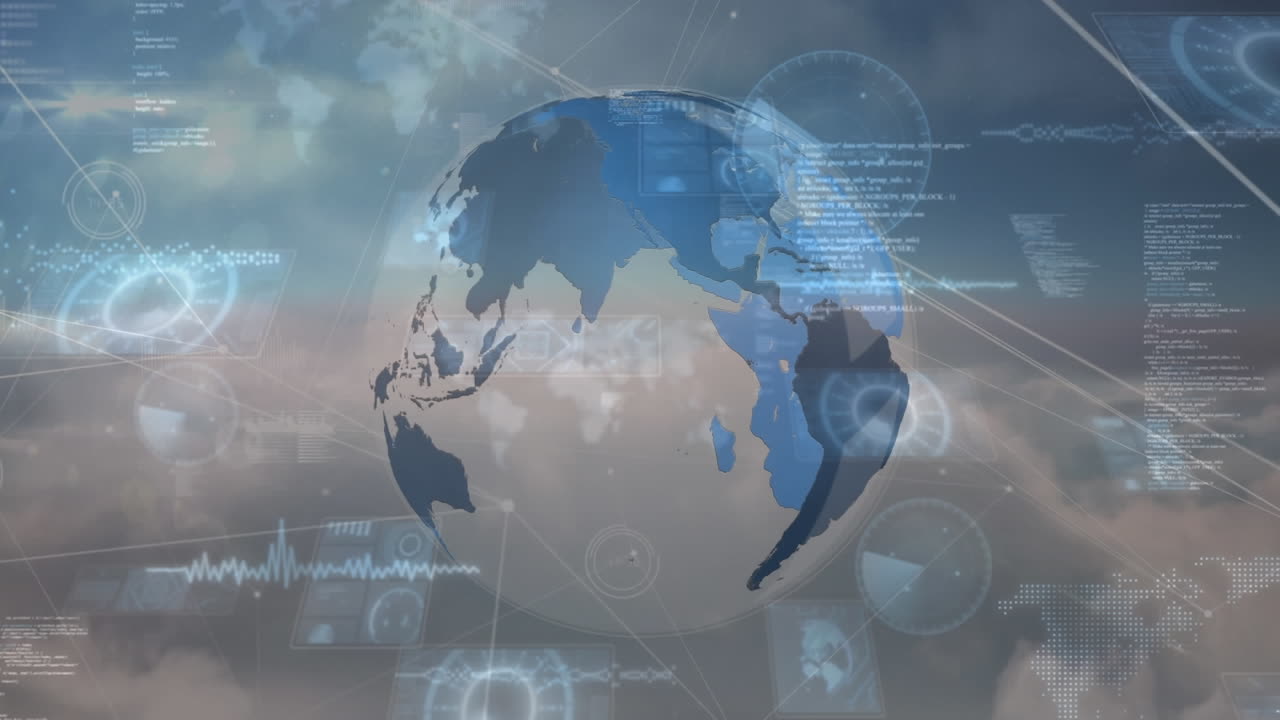 지구의 애니메이션과 연결과 구름을 통해 데이터 처리