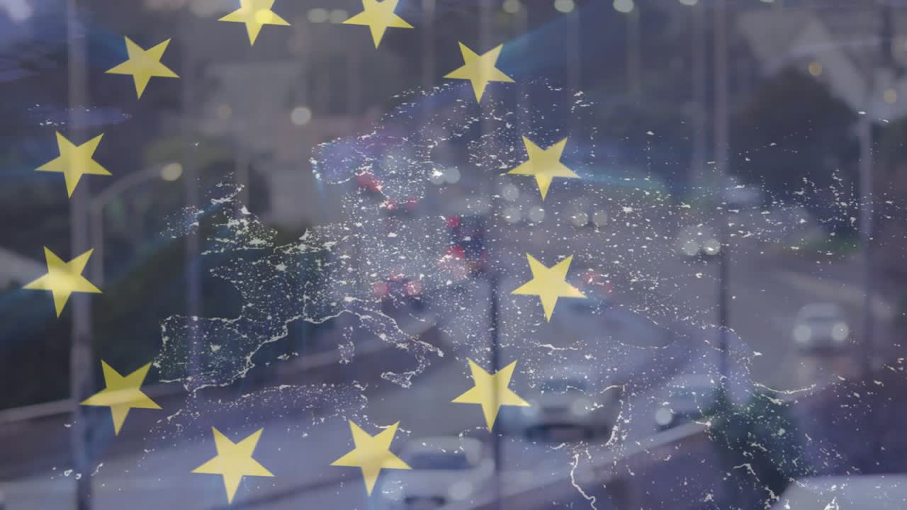 After start translucent Europe map and yellow stars appearing, circling, brightening, showing links