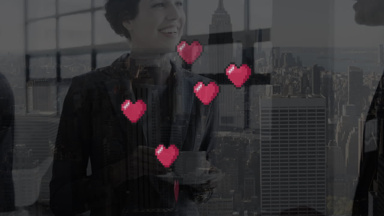 도시 풍경 위에 떠다니는 심장의 애니메이션과 사무실에 있는 코카시안 사업가들