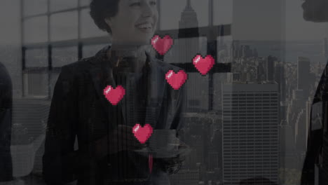 도시 풍경 위에 떠다니는 심장의 애니메이션과 사무실에 있는 코카시안 사업가들