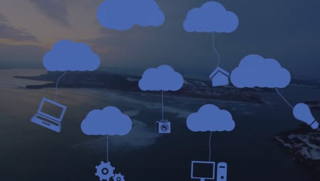 Animation-of-digital-clouds-with-icons-over-landscape