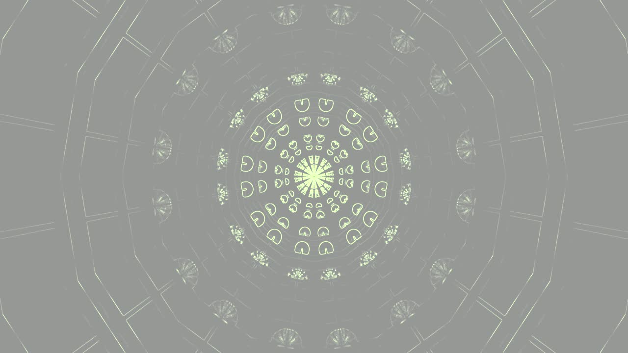 A mesmerizing loop features a tunnel filled with intricate patterns that shift and change. This visual display creates a captivating atmosphere suitable for screensaver use at any time