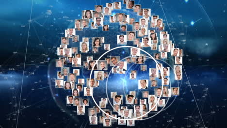 animación de fotos de personas con una red de conexiones en todo el mundo