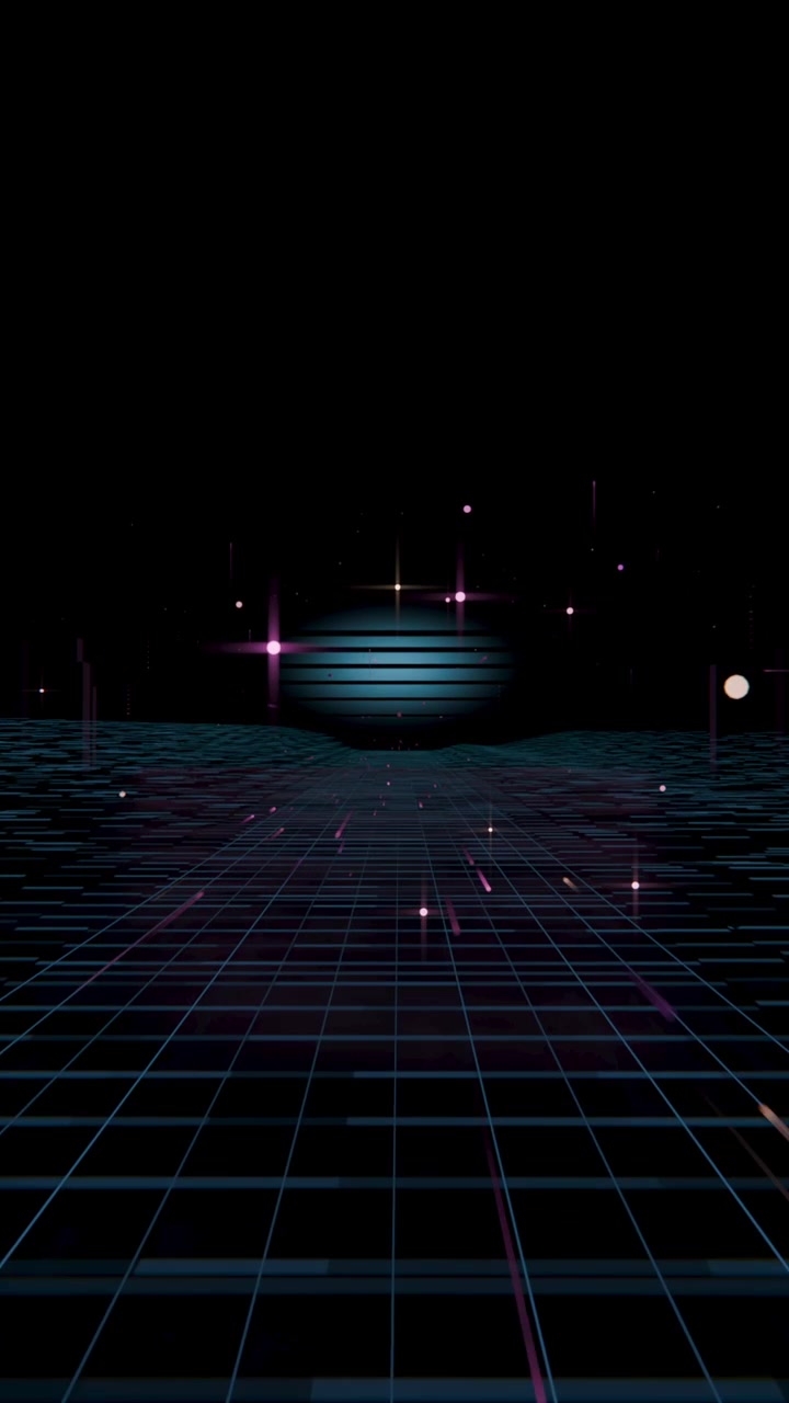 Vertical video: Pulsing teal orb drifting as grid lines sweeping, creating motion in neon grid