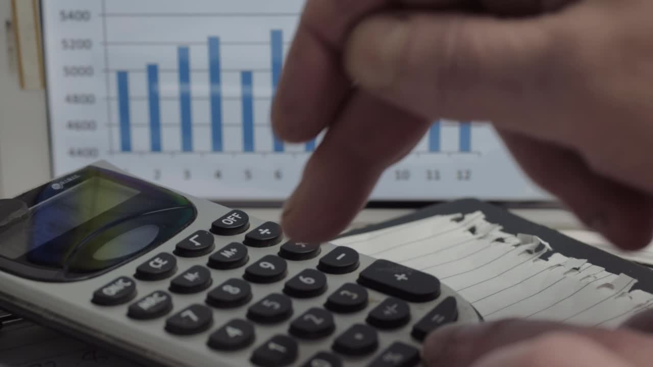 Hand using a calculator with financial graph in background