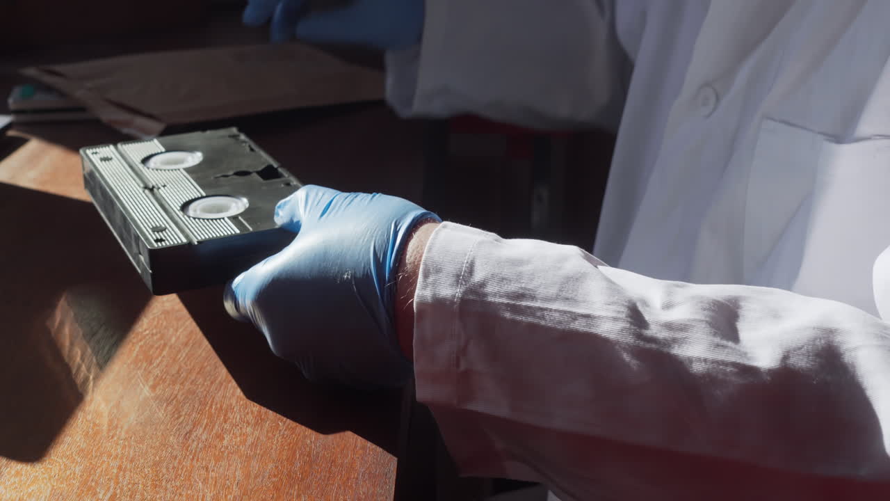 Specialist in gloves carefully opens a brown parcel to inspect a vintage VHS cassette tape. Perfect for archival mystery and evidence themes