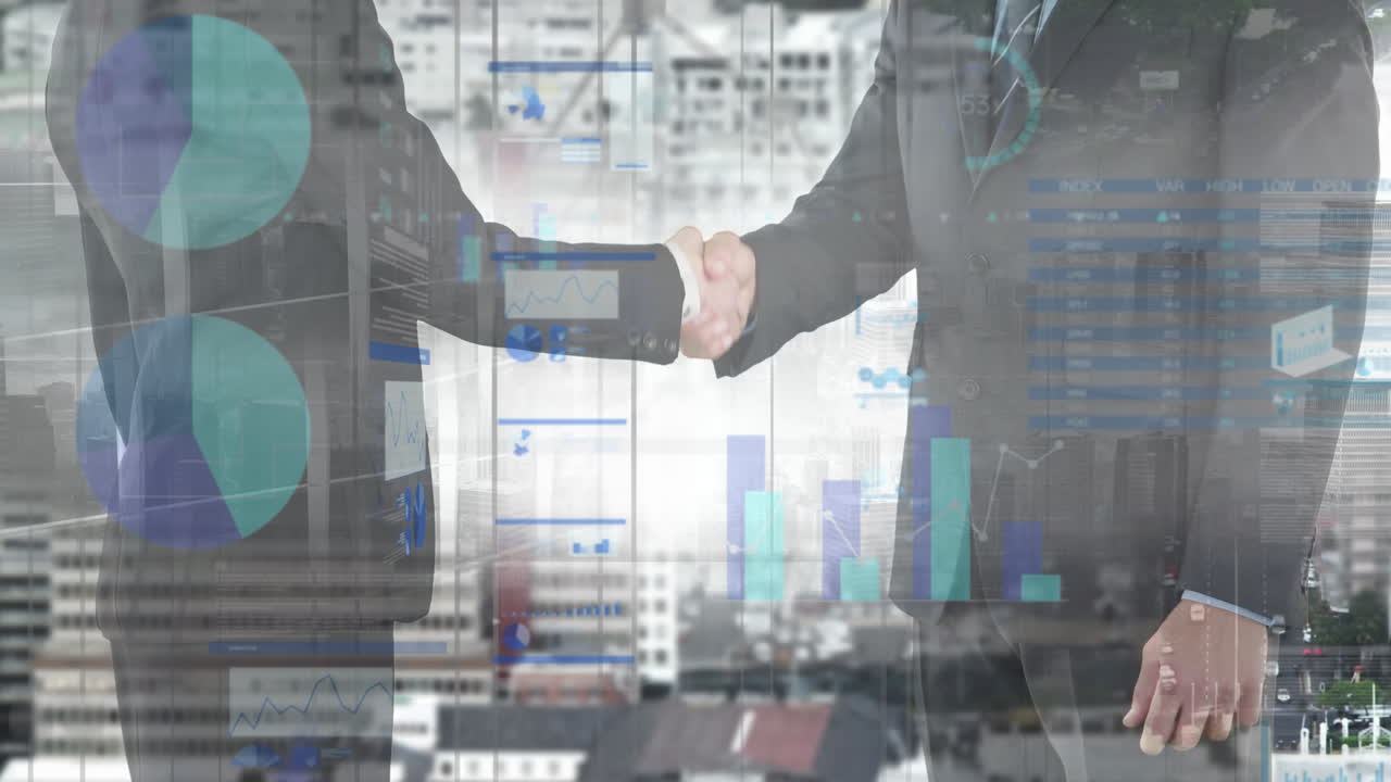 animación de datos financieros y gráficos sobre diversos empresarios que se dan la mano y el paisaje urbano