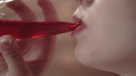 young beautiful girl drinks wine in a restaurant close-up