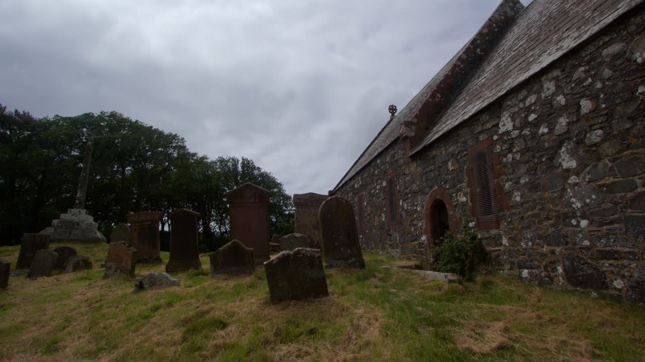 Wide shot of Kirkmadrine Chapel and graveyard