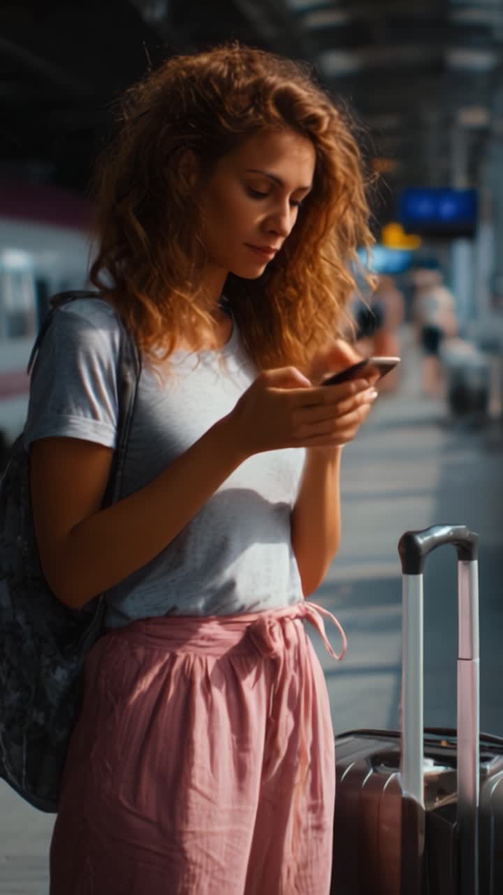 A young woman with curly hair stands at an airport, focused on her smartphone while waiting beside her suitcase, capturing a moment of travel anticipation