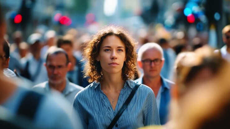 Eine junge Frau bewegt sich durch eine belebte urbane Szene und fängt die Essenz der Individualität inmitten des geschäftigen Stadtlebens und der vielfältigen Menschenmenge um sie herum ein