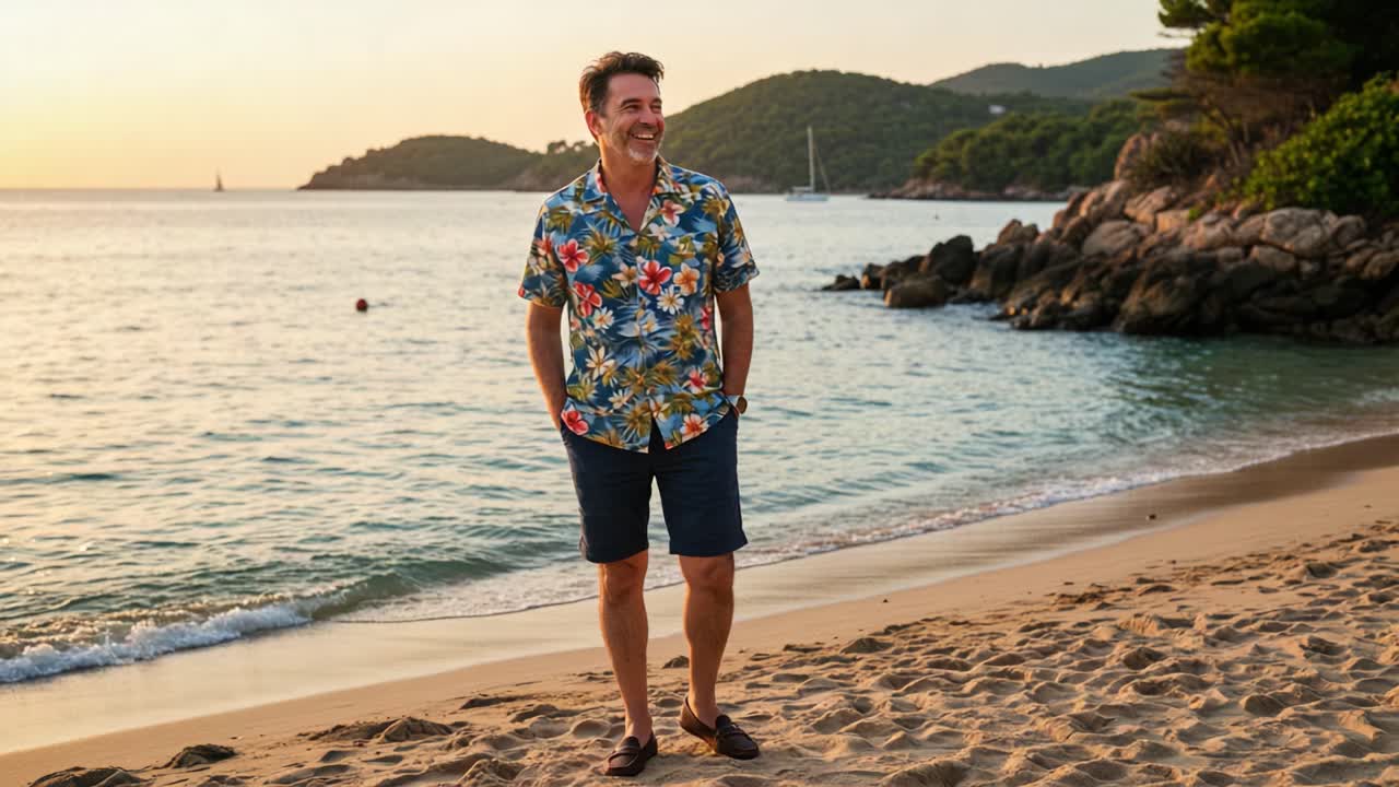 A Joyful Stroll Along the Tranquil Shoreline at Sunset, Capturing the Essence of Relaxation and Peace in a Coastal Paradise