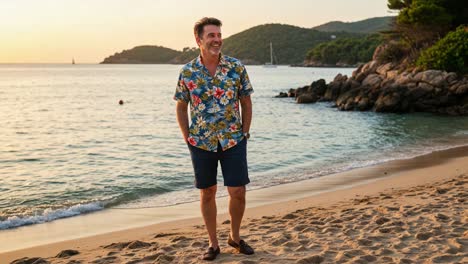 a joyful stroll along the tranquil shoreline at sunset, capturing the essence of relaxation and peace in a coastal paradise