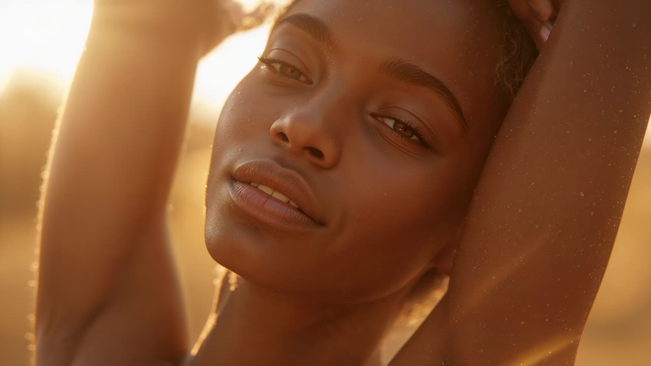 Model med bare skuldre poserer ved at tilte hovedet og flytte hånden, mens solen blænder på en gylden mark, støv