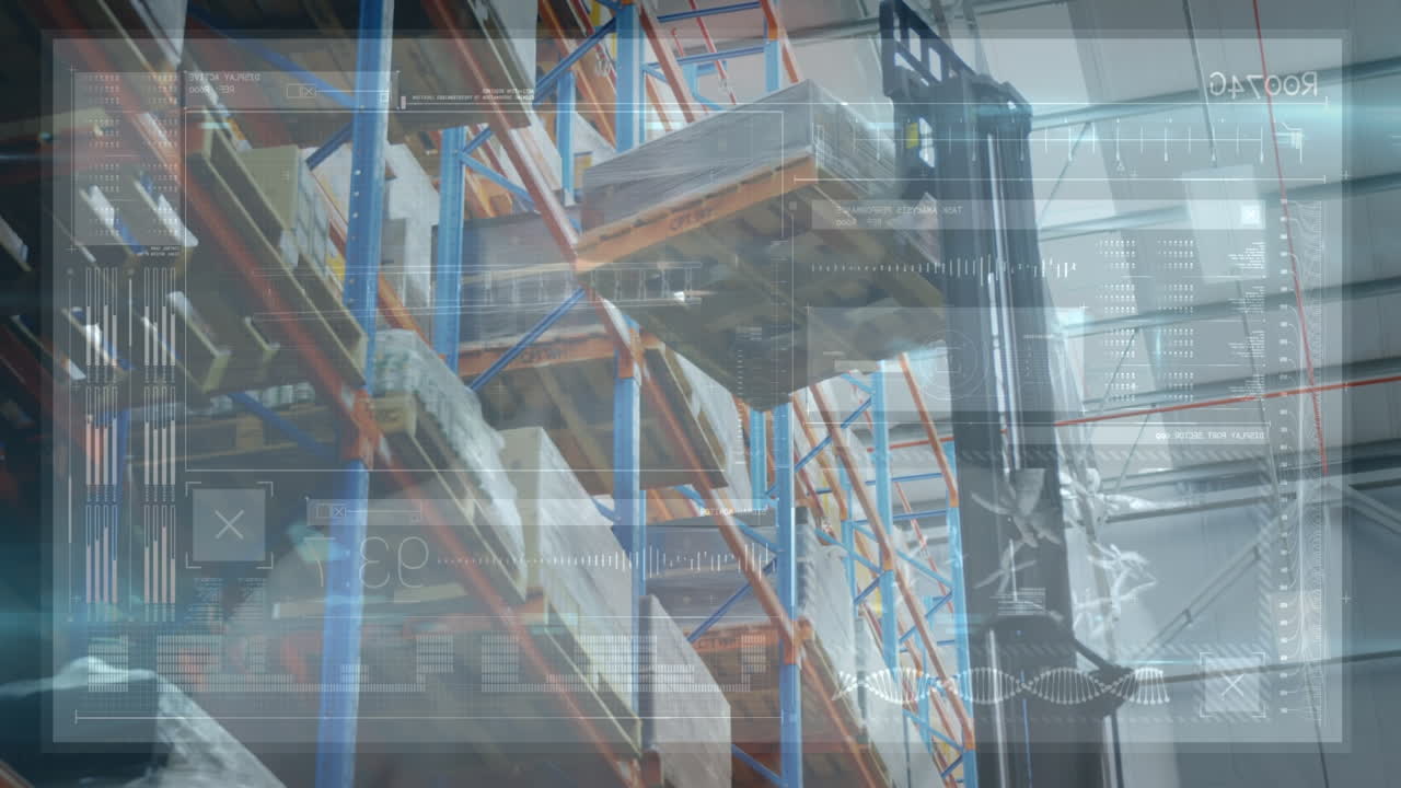 animación del procesamiento de datos sobre máquinas y estantes de almacenamiento en el almacén