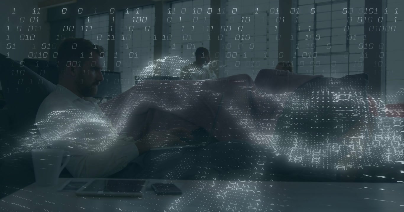 Vertical video: Data overlay rising off laptop, left man typing using phones in office, copy space