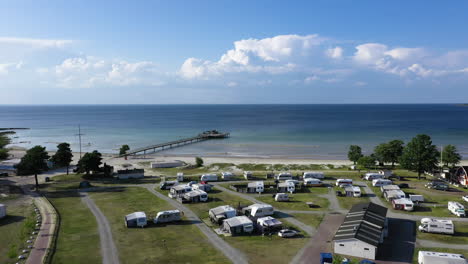 Luftdrohne-Camping-Camper-Campingplatz-Schweden-Schwedisch-Urlaub-Badeort-Besuchen-Tourist-Tourismus-Land-Sonnig-Reiseziel-Geld-Ausgeben-Urlaub-Das-Leben-Genießen-Senior-Familie-Reisen-Sommer-Park