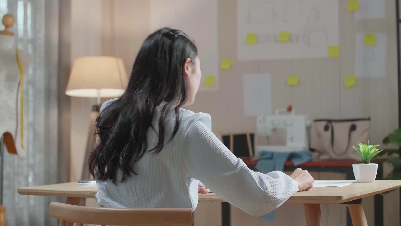 여성 디자이너의 뒷면은 사무실에서 레이아웃 본드를 그리는 동안 시도됩니다.