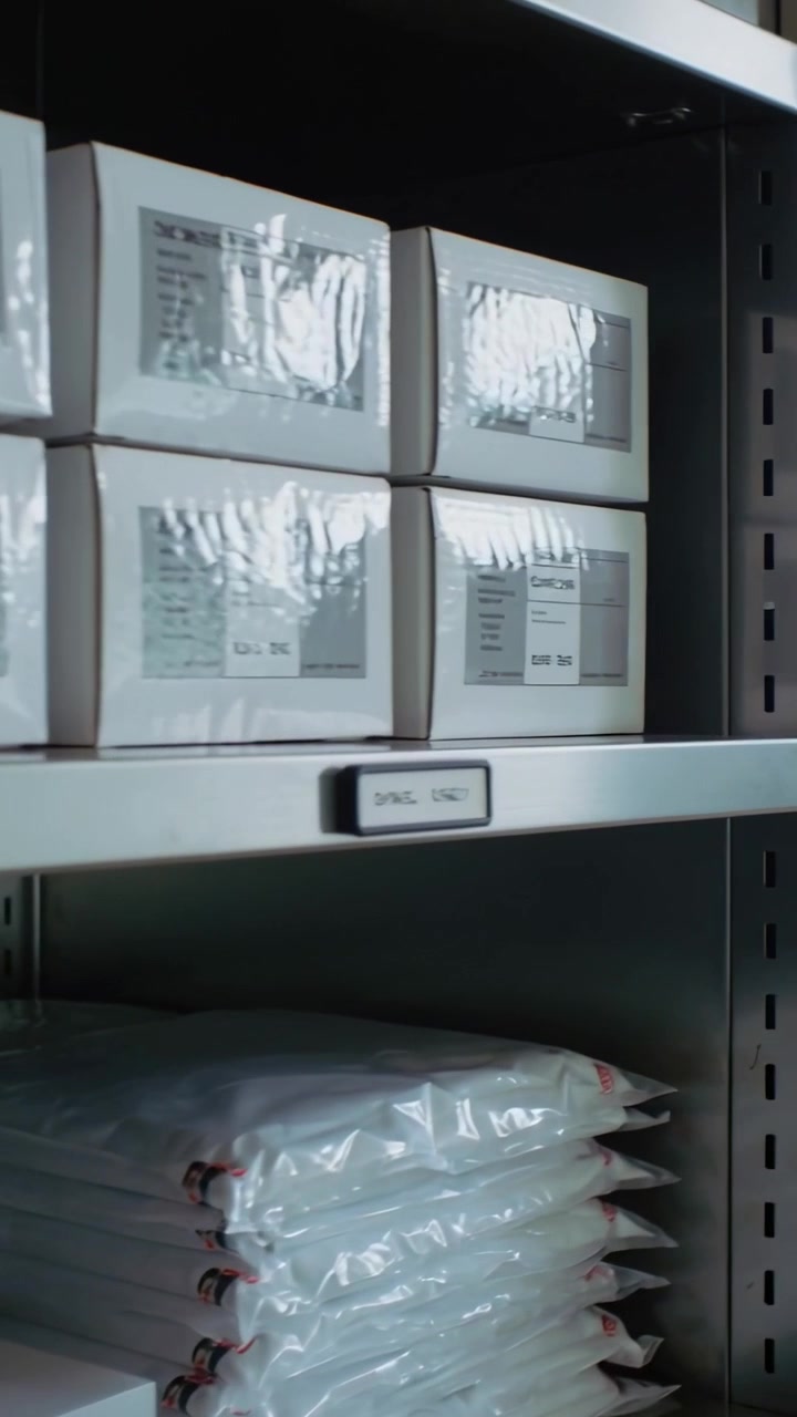 Video verticale: Telecamera che panoramica attraverso scaffalature metalliche in un magazzino, documentando scatole etichettate.