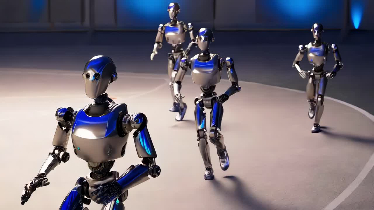 robots corriendo en una arena futurista