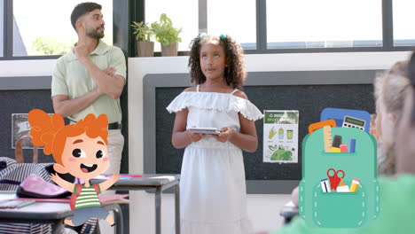 animación de iconos de artículos escolares sobre diversos escolares aprendiendo con un maestro masculino