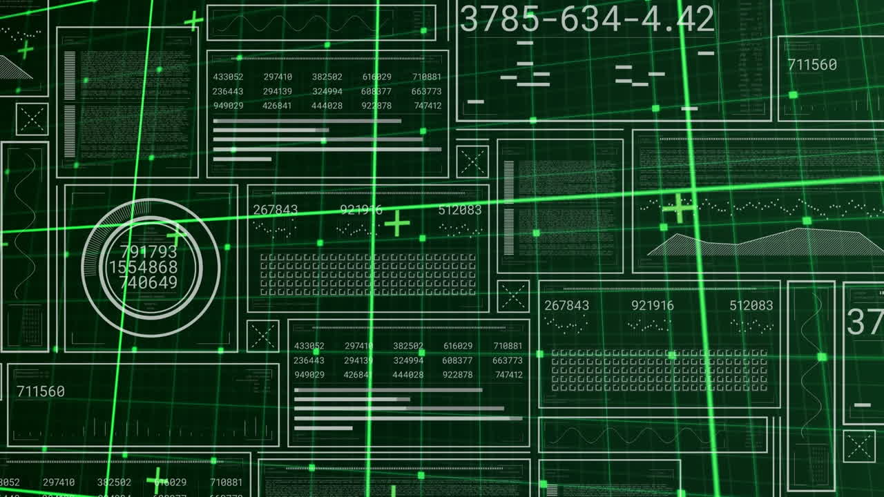 Animation of numbers in circles and rectangle, graph, bars, grid pattern against abstract pattern