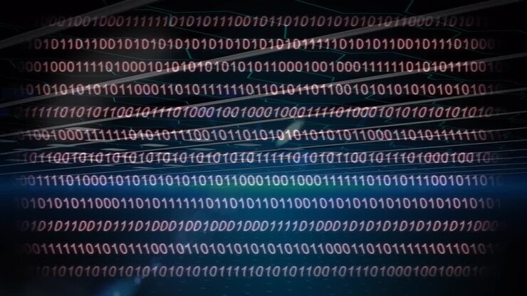 Animation of data processing binary coding over black background